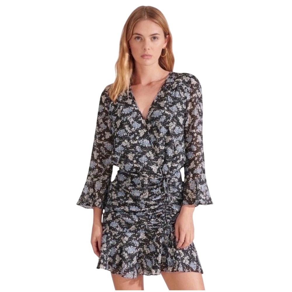 Veronica Beard Silk Ruched Floral Mini Dress Black Blue V-Neck Bell Sleeve Sz 4